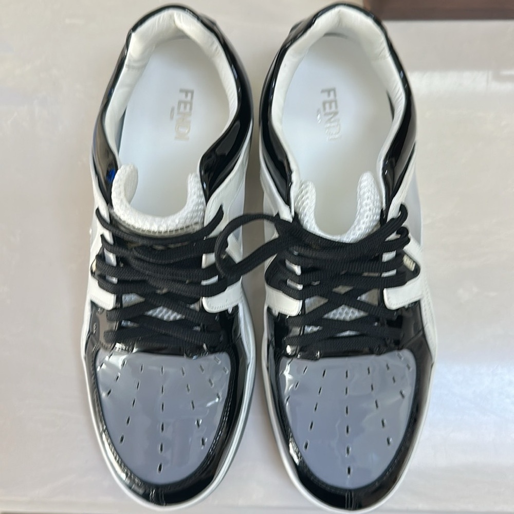 Fendi - Patent-Leather and Mesh Sneakers - Gray